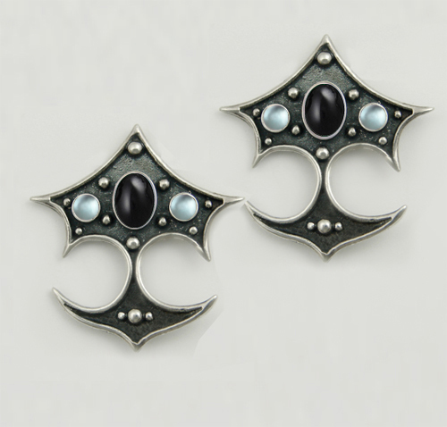 Sterling Silver Gothic Drop Dangle Earrings With Black Onyx And Blue Topaz